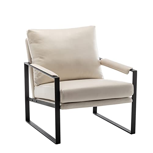 Modern Faux Leather Accent Chair, Upholstered Armchair with Metal Frame, Thick Seat Cushion and Oversized Back Pillow, Easy-Clean Lounge Chair for Living Room, Bedroom, Office and Reception