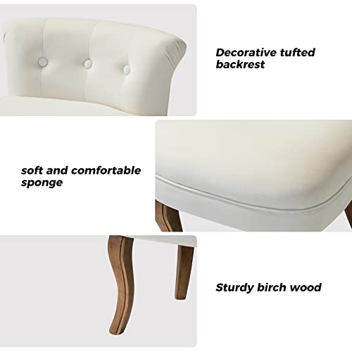 Velvet Vanity Stool with Low Back, Ivory | Small Modern Vanity Chair with Solid Wood Legs for Women Girls, Bedroom, Dressing Table