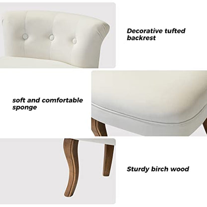 Velvet Vanity Stool with Low Back, Ivory | Small Modern Vanity Chair with Solid Wood Legs for Women Girls, Bedroom, Dressing Table