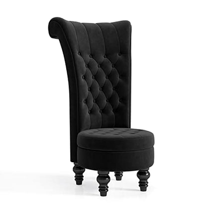 High Back Throne Royal Chair, Retro Armless Chair with Storage, Velvet Furniture Chair, Upholstered Tufted Accent Seat for Living Room, Bedroom, Black