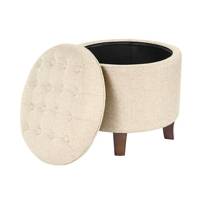 19" Button Tufted Round Storage Ottoman - Tan Woven