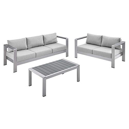 Shore Aluminum 3 Piece Outdoor Patio Furniture Set | Weatherproof | Sunbrella Cushions | Sofa, Loveseat, Coffee Table