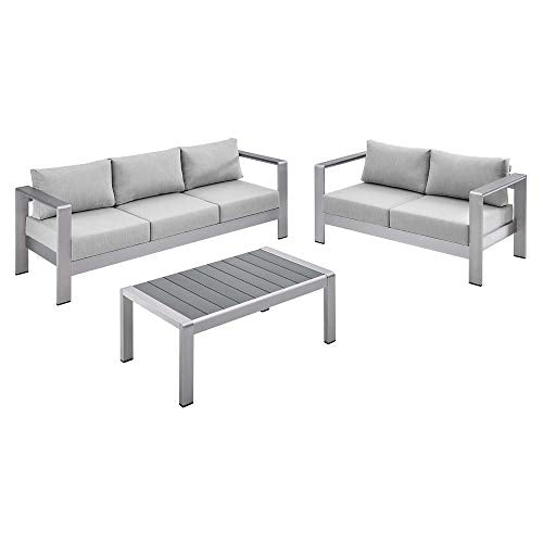 Shore Aluminum 3 Piece Outdoor Patio Furniture Set | Weatherproof | Sunbrella Cushions | Sofa, Loveseat, Coffee Table