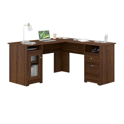 Cabot 60W L Shaped Computer Desk with Storage in Modern Walnut, 60-inch Corner Table with Drawers for Home Office Workspace