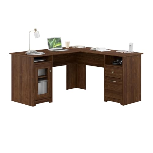 Cabot 60W L Shaped Computer Desk with Storage in Modern Walnut, 60-inch Corner Table with Drawers for Home Office Workspace