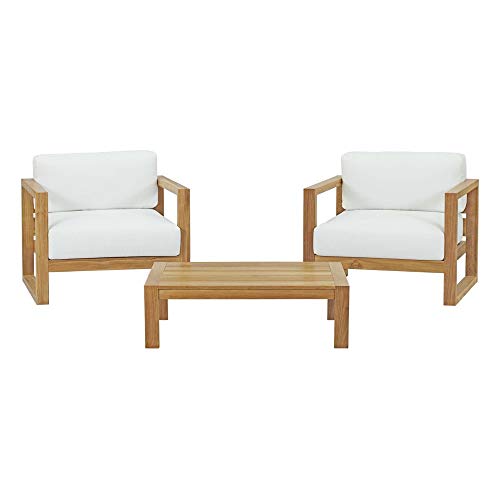 Upland Teak Outdoor Collection | Durable Teak Wood Furniture Set with All-Weather White Cushions | Includes Coffee Table & 2 Armchairs | Ideal for Balcony, Patio, Poolside, Garden