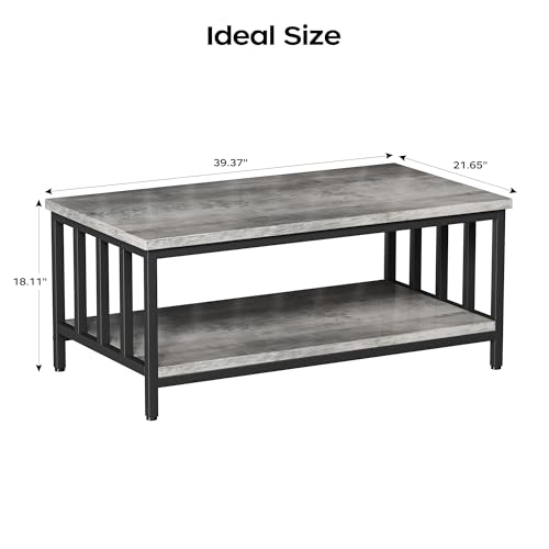Coffee Table for Living Room with Slatted Sides Frame, Modern Farmhouse Living Room Table with 2-Tier Storage Shelf for Home Office, Apartment, Grey Wash, 39 inch