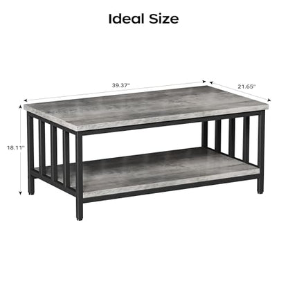 Coffee Table for Living Room with Slatted Sides Frame, Modern Farmhouse Living Room Table with 2-Tier Storage Shelf for Home Office, Apartment, Grey Wash, 39 inch