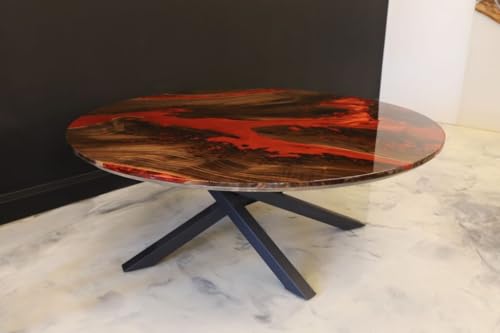 RESINHOMEFURNITURE Round Epoxy Resin Table with Red River Design – Modern Wooden Resin Dining Table with Black Metal Base, Handmade Live Edge Centerpiece Epoxy Table (18 Inches Tall, 30 x 30 Inches)