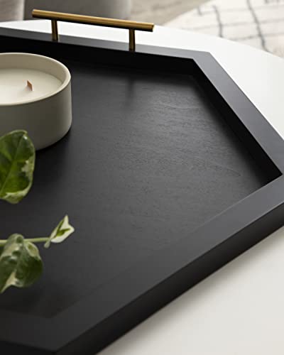 Halsey Hexagon Decorative Wooden Tray with Polished Metal Handles; 22 x 19; Black and Gold; Modern Glam Wood Hexagon Serving Tray for Display or Decoration