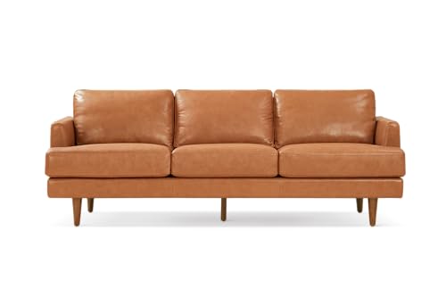 Valencia Grosseto 87” Cognac Tan Brown 3 Seater Full Leather Sofa | Mid Century Italian Nappa Leather Couch for Living Room Furniture | Double Stitched Seams, Removable Cushions