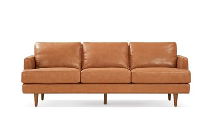 Valencia Grosseto 87” Cognac Tan Brown 3 Seater Full Leather Sofa | Mid Century Italian Nappa Leather Couch for Living Room Furniture | Double Stitched Seams, Removable Cushions