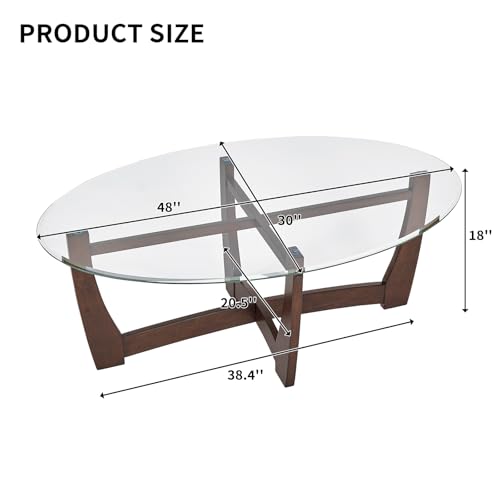 48" Oval Glass Coffee Table with Tempered Glass Top Cross and Solid Wood Base Simple & Modern Center Table for Living Room Office Apartment Cherry