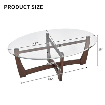48" Oval Glass Coffee Table with Tempered Glass Top Cross and Solid Wood Base Simple & Modern Center Table for Living Room Office Apartment Cherry