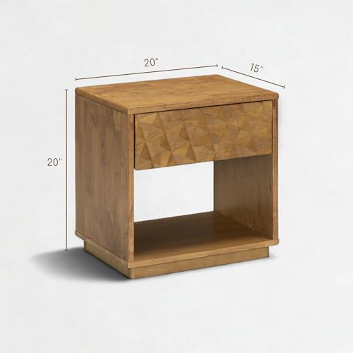 Sapa Solid Wood Nightstand with 3D Carved Drawer Front – Modern Bedside Table with Open Shelf, Easy Assembled - Teak Look