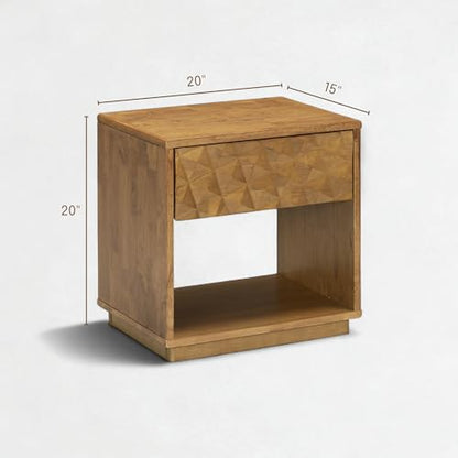 Sapa Solid Wood Nightstand with 3D Carved Drawer Front – Modern Bedside Table with Open Shelf, Easy Assembled - Teak Look