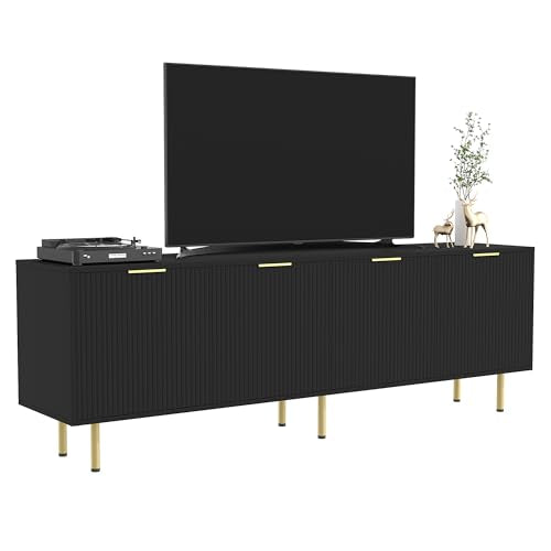 TV Stand for 80 Inch TV, Fluted TV Stand for Living Room, Mid Century Modern TV Stand with Adjustable Shelf, TV Entertainment Center with Storage for Bedroom, 70Inch, Black