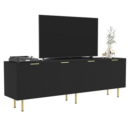 TV Stand for 80 Inch TV, Fluted TV Stand for Living Room, Mid Century Modern TV Stand with Adjustable Shelf, TV Entertainment Center with Storage for Bedroom, 70Inch, Black