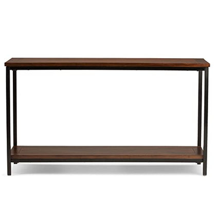 Skyler Console Table - 54 Inch Wide Solid Mango Wood and Metal Sofa Table in Dark Cognac Brown, Industrial Entryway Table for Living Room with Open Bottom Shelf and Black Steel Frame