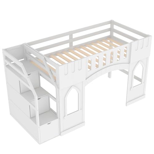 Twin Size Loft Bed with Storage Staircase and Window, White