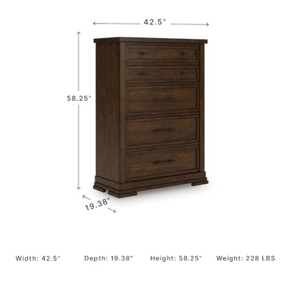 Signature Design by Ashley Taffenbrook Farmhouse Chest of Drawers, 58-Inch Tall Dresser for Bedroom, Hardwood Solids, Mango Wood Veneer, and MDF Substrate, Medium Brown