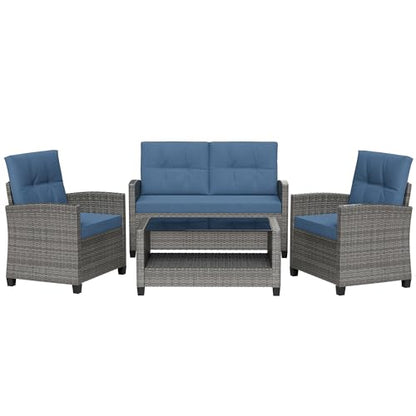 4 Piece Patio Furniture Set, Outdoor Rattan Conversation Set with Coffee Table, Outside Wicker Sectional Sofa Couch with Cushion, Gray and Blue