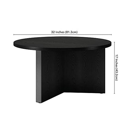 32" Round Wood Pedestal Coffee Table for Living Room, Family Room, Office, or Apartment, Natural Black