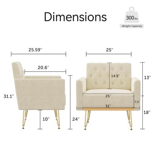 Accent Chair with Arm for Living Room, Velvet Modern Armchair Single Sofa Cozy Tufted Upholstered Reading Side Chairs with Gold Metal Leg for Bedroom Decorate