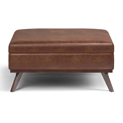 Owen XL Square Coffee Table Storage Ottoman - 40 inch Wide Upholstered Vegan Leather Lift-Top Ottoman in Distressed Saddle Brown, Mid-Century Modern Ottoman for Living Room with Storage