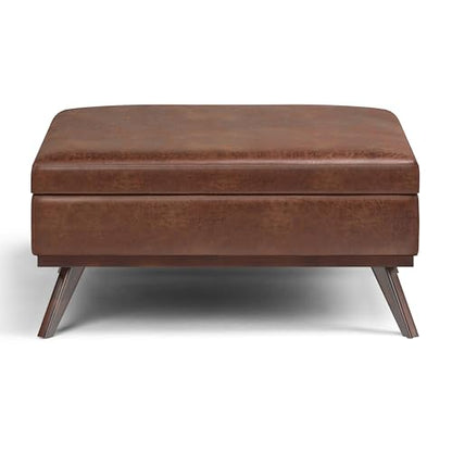 Owen XL Square Coffee Table Storage Ottoman - 40 inch Wide Upholstered Vegan Leather Lift-Top Ottoman in Distressed Saddle Brown, Mid-Century Modern Ottoman for Living Room with Storage