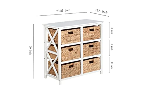 3 Tier X-Side End Storage Cabinet Table, White | 6 Wicker Baskets, For Bedroom, For Living Room