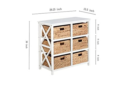 3 Tier X-Side End Storage Cabinet Table, White | 6 Wicker Baskets, For Bedroom, For Living Room