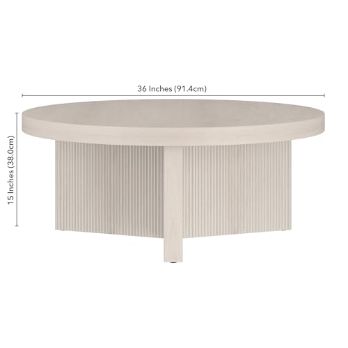 36" Fluted Round Low-Profile Coffee Table with Ribbed Pedestal Base for Living Room, Family Room, or Office, Beech White