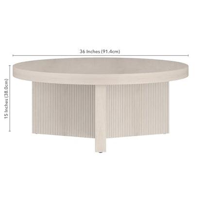 36" Fluted Round Low-Profile Coffee Table with Ribbed Pedestal Base for Living Room, Family Room, or Office, Beech White