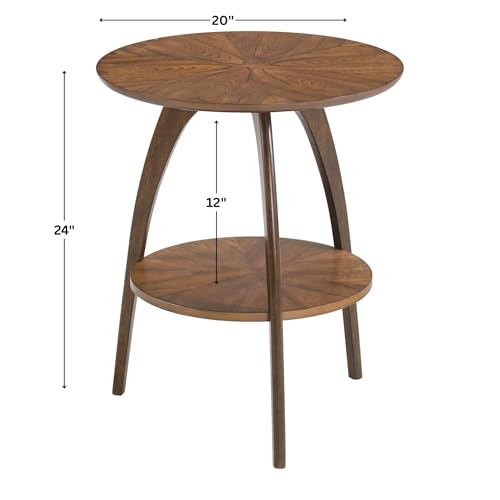 Retro Mid-Century Modern Round Wood End Table, Solid Grain Side Table with Lower Shelf, Small Accent Table for Living Room or Nightstand. Nutmeg Brown Top with Espresso Brown Legs