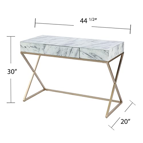 Kamblemore Faux Marble Writing Desk with Storage - Transitional Design, White Glass and Wood - Ideal for Home Office, Bedroom (HO1152137)