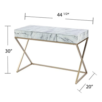 Kamblemore Faux Marble Writing Desk with Storage - Transitional Design, White Glass and Wood - Ideal for Home Office, Bedroom (HO1152137)