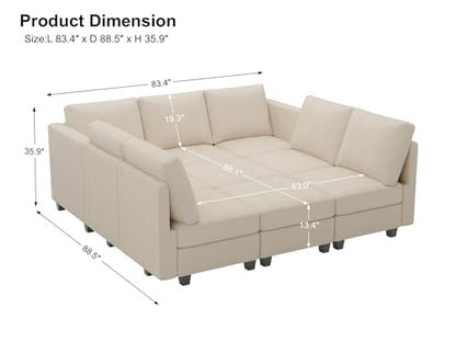 Corduroy Modular Sectional Sofa 9 Seat Convertible Sectional Sleeper Sofa Bed with Storage Ottomans Modular Sectional Couch Bed for Living Room Beige
