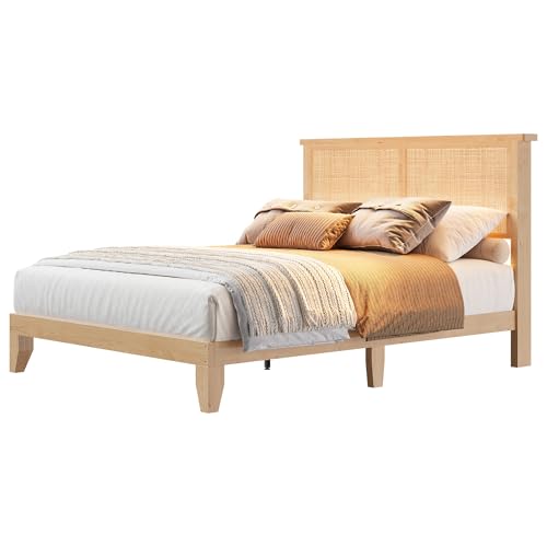 Bohemian Queen Rattan Bed LED Natural Headboard Bedroom, view 4