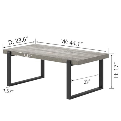 Modern Coffee Table, Rustic Wood and Metal Center Table, Retro Small Cocktail Tea Table for Living Room, Light Grey, 44 Inch