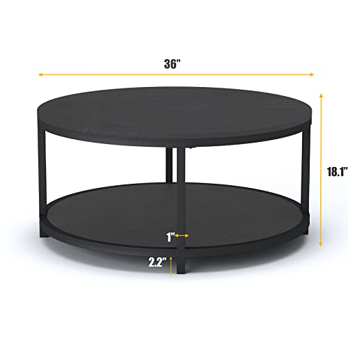Round Coffee Table, 36" Rustic Wooden Surface Top & Sturdy Metal Legs Industrial Sofa Table for Living Room Modern Design Home Furniture with Storage Open Shelf (Black Oak)