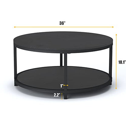 Round Coffee Table, 36" Rustic Wooden Surface Top & Sturdy Metal Legs Industrial Sofa Table for Living Room Modern Design Home Furniture with Storage Open Shelf (Black Oak)