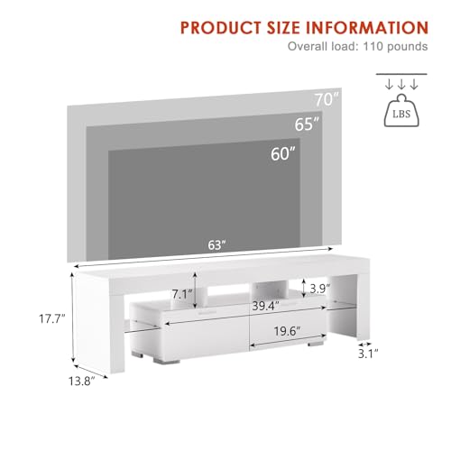 White LED TV Stand for 75 Inch TV, High Gloss Entertainment Center with Storage Drawer, Console Table for Living Room, Bedroom