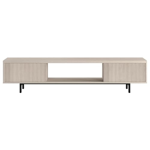 Fluted TV Stand for TVs up to 78" with 2 Ribbed Side Storage Cabinets and Open Center Storage for Living Room, Family Room, or Office, Beech White