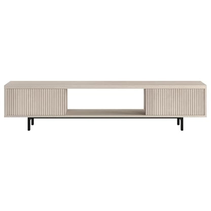 Fluted TV Stand for TVs up to 78" with 2 Ribbed Side Storage Cabinets and Open Center Storage for Living Room, Family Room, or Office, Beech White