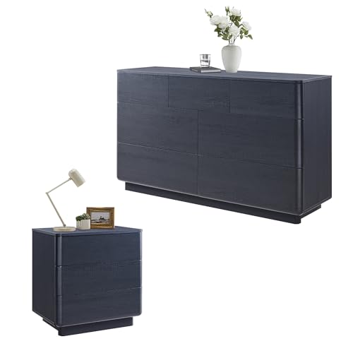 Bedroom Set of 2, 7 Drawer Dresser (52" W) & 22" Nightstand, Modern Push-to-Open Drawers, Curved Profile Design, Dresser and Nightstand Sets for Bedroom, Black
