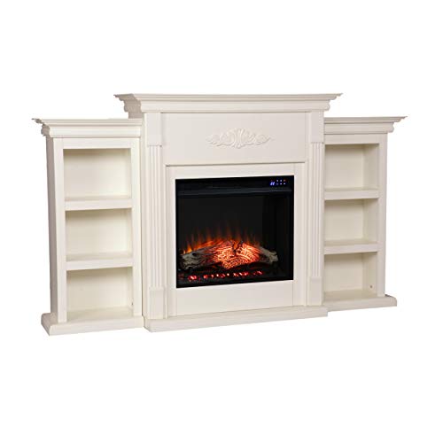 Tennyson Touch Screen Electric Fireplace with Book Shelves - Ivory - Transitional Design, Ivory Glass and Wood - Ideal for Living Room, Bedroom (FR8544)