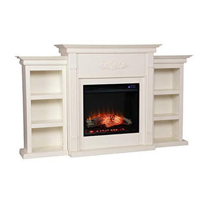 Tennyson Touch Screen Electric Fireplace with Book Shelves - Ivory - Transitional Design, Ivory Glass and Wood - Ideal for Living Room, Bedroom (FR8544)
