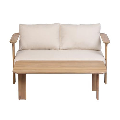 Kera Acacia Wood Outdoor Loveseat and Coffee Table Set, 2 Piece Patio Furniture Set with Water-Repellent Cushion, Solid Wood Outdoor Conversation Set, Beige+Brown