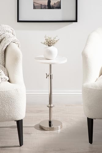 Engles Traditional Adjustable-Height Pedestal Drink Table; 10 x 10 x 30; White Marble and Silver Chrome; Vintage Round Indoor Metal Plant Stand with Authentic Marble Tabletop